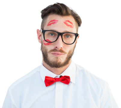 Geeky hipster with kisses on his face - Powered by Adobe