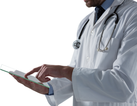 Mid-section of male doctor using glass digital tablet - Powered by Adobe