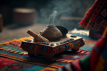 Burning incense with white smoke on Incense burner - obrazy, fototapety, plakaty