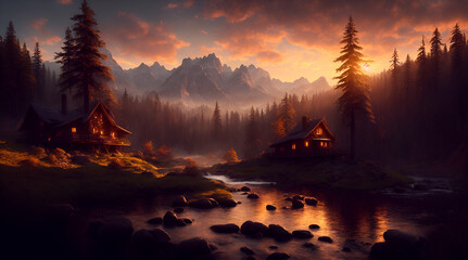 Fototapeta na wymiar Two Log Cabins nestled in a Serene Valley with Pine Forest and Breathtaking Sunset View - Nature Wallpaper