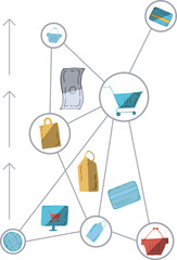 Composite image of various icons connected to cart representing online shopping
