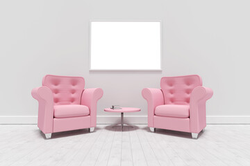 Pink armchairs and table against blank picture frame 