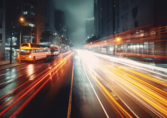 Fototapeta na wymiar Cars racing through a city street at night