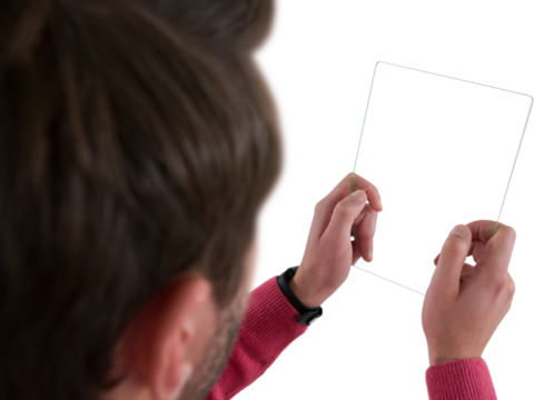 Close-up of man holding glass digital tablet