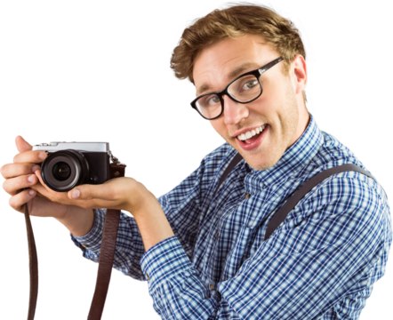Geeky hipster holding a retro camera
