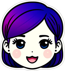 Sticker with a cartoon head of small girl with a hairstyle and a smile on his funny face, with a white frame around