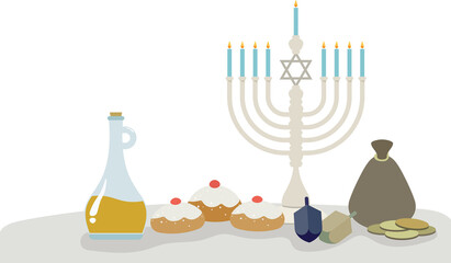 Illustration of drink, candle holder, sweet food and coins bag