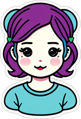 Sticker with a cartoon head of small girl with a hairstyle and a smile on his funny face, with a white frame around