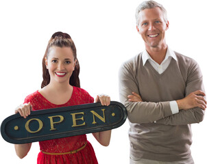 Portrait of woman holding open sign while standing by coworker