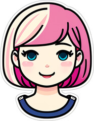 Obraz premium Sticker with a cartoon head of small girl with a hairstyle and a smile on his funny face, with a white frame around