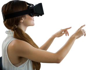 Side view of young woman gesturing while using virtual reality simulator