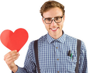 Geeky hipster holding a heart card