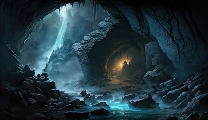 The light is at the end of the cave. View from inside the cave. AI generated