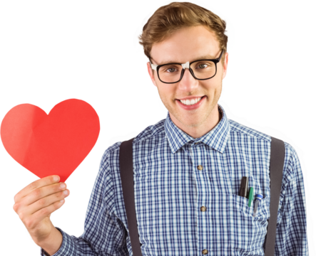 Geeky hipster holding a heart card