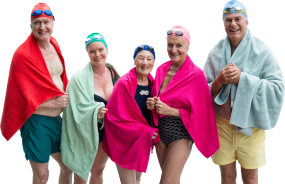 Portrait of senior friends covered with towels