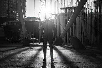 In Lisbon, a dramatic backlight creates long shadows in a low-key atmosphere. A black male in a sophisticated suit stands in front of a white tensile structure with tension rods.