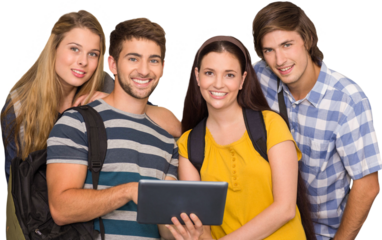 Students using digital tablet at college corridor