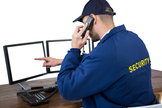 Security officer talking on phone while pointing at computer monitor - Powered by Adobe