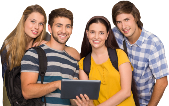 Students using digital tablet at college corridor