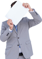Businessman holding blank sign in front of his head