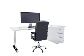 Empty office chair with computer on desk