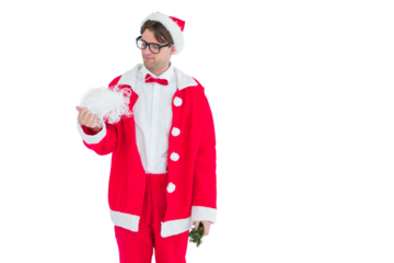 Geeky hipster in santa costume looking at beard 
