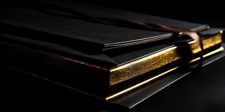 Golden and black folder and paper close-up, abstract background. AI generated