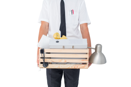 Fired businessman holding box of belongings - Powered by Adobe