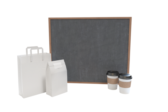 Composite image of disposable coffee cups and parcel bags with blackboard - Powered by Adobe
