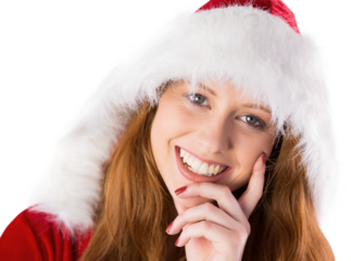 Festive redhead with hand on chin