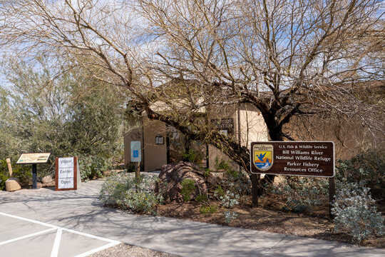 Lake Havasu City, AZ - March 10, 2023: Visitor Center and Parker Fishery Resources Office at the Bill Williams River National Wildlife Refuge.