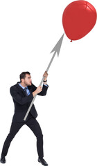 Business man holding an arrow symbol against balloon