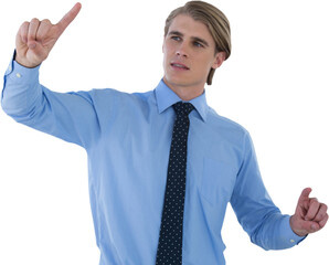 Young businessman working on imaginary screen