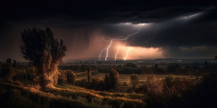 A lightning bolt strikes from the clouds. Bright lightning in the field, a natural phenomenon. AI generated