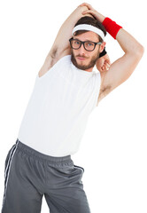 Naklejka premium Geeky hipster stretching in sportswear