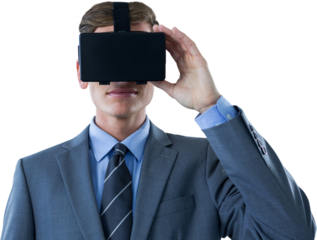 Businessman in suit using virtual reality headset