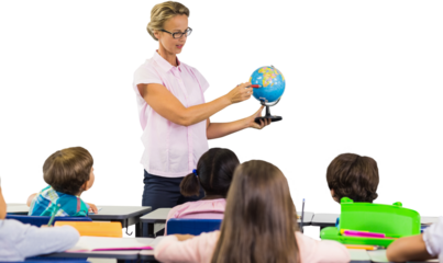 Teacher with students holding globe