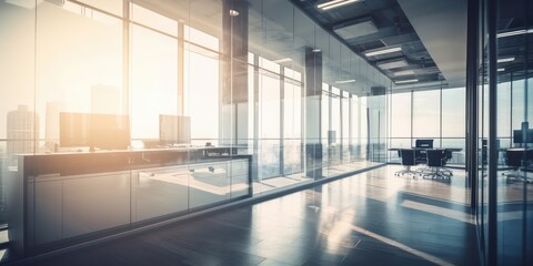 Obraz premium An empty office building with panoramic windows. Foyer in the office, glass windows in the hallway. AI generated