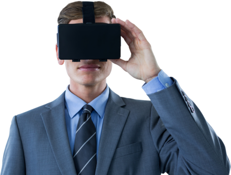Businessman in suit using virtual reality headset