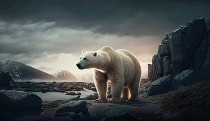 Obraz na płótnie Canvas A polar bear walks in the Arctic. A large white animal in its natural habitat. AI generated