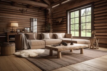 Dark wood and beige log cabin living room. Carpet, fabric sofa, windows. Frame mockup, farmhouse interior,. Generative AI