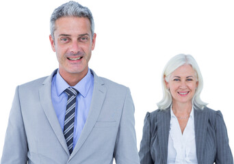  businessman and businesswoman smiling at the camera