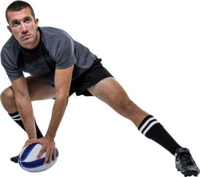 Sports player in black jersey stretching with ball