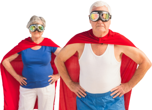 Senior man and woman standing with hands on hip