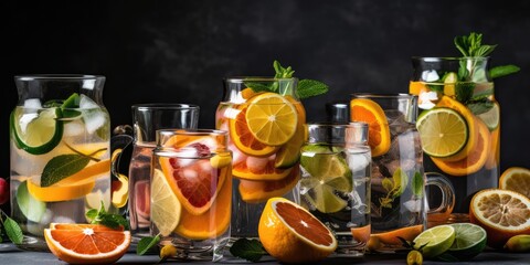 Obraz na płótnie Canvas Lemonade in a glass jar with fruit on a dark background. Summer refreshing drinks - lemonade. AI generated