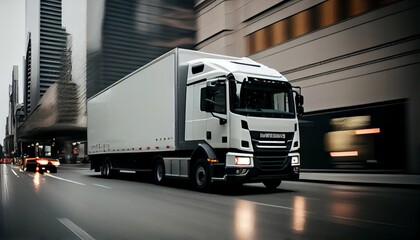 Modern truck on the entry road to the city. Blured motion city background.