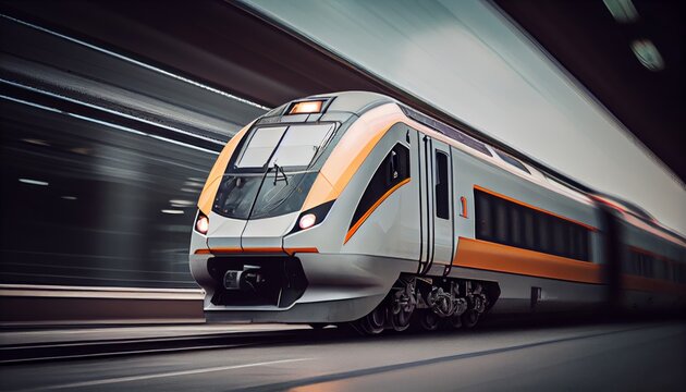 High speed train in motion on the railway station at sunset. Fast moving modern passenger train on railway platform.