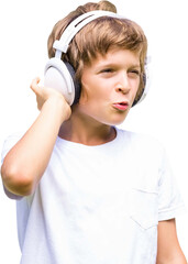 Boy making face while listening to music 