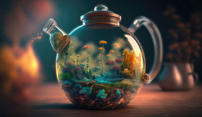 Tiny world in glass teapot in kitchen. Terrarium with different flowers, plants inside transparent kitchenware. AI generative