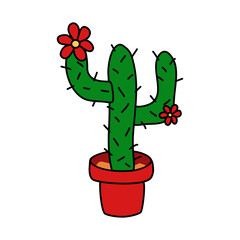 Saguaro or Carnegiea cactus with flowers in pot, flat doodle vector